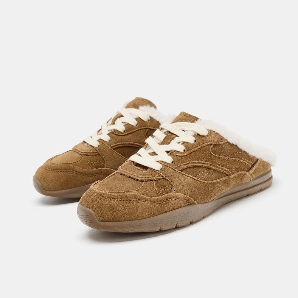 Zara Women's Brown Suede Sneakers with Cream Accents